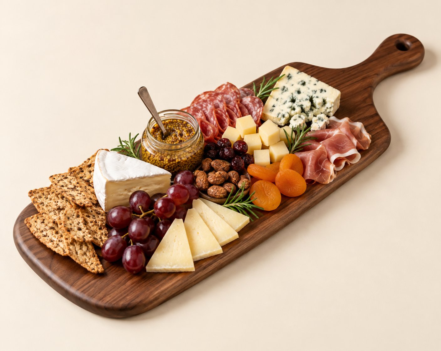 Cheese and charcuterie board styled with cheese, meats and fruit, by Novelty Woodworks