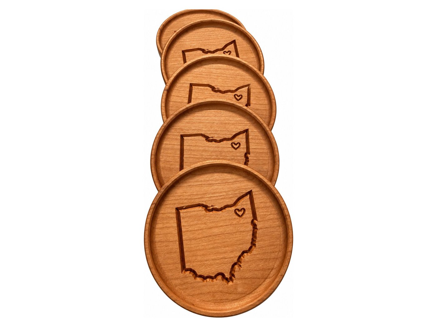Cherry coasters with a carved state outline by Novelty Woodworks